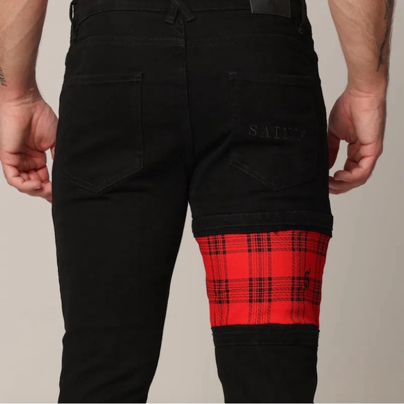 Saint Morta Sideline Distressed Skinny Jeans Men’s 34 Black/ Red Tartan - Picture 6 of 15
